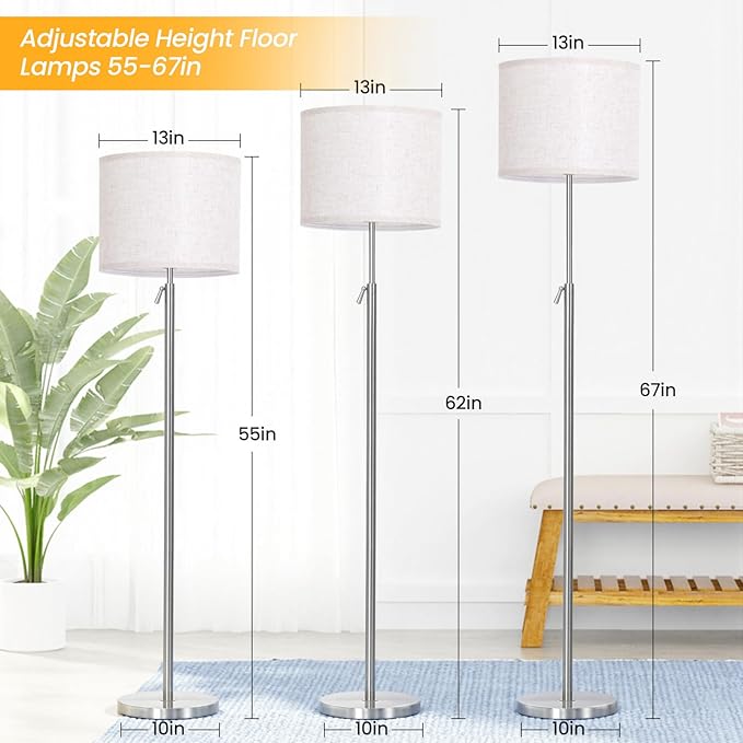 Modern Floor Lamp for Living Room and Bedroom- 55"-67" Height Adjustable Standing Lamps with Dimmable LED Bulb and Remote Control-Bright Tall Stand Light with Shade for Corner Lighting （Silver）