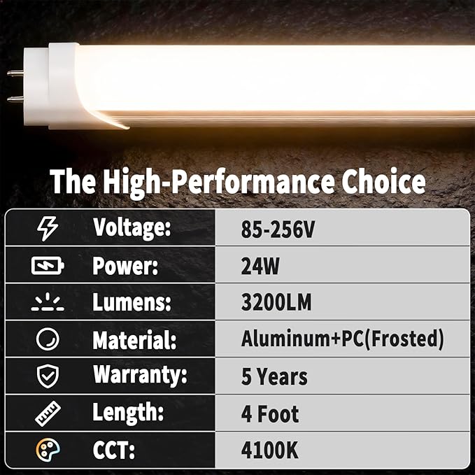 Fluorescent Light Bulbs 48 Inch, T8 LED Bulbs 4 Foot Type A+B, 24W 3200LM 4100K Cool White, F32T8 or F40T12 LED 4FT Replacement, Plug and Play or Ballast Bypass, Double or Single End Powered, 4-Pack