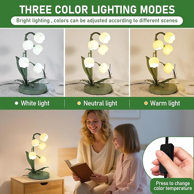 Flower Table Lamp for Bedroom,3 Colors Flower Reading Light with 5 Lily of The Valley, Cute Desk Lamp Bedside Lamps for Nightstands Home Decor,Soft Reading Night Light for Bedroom Living Room Office