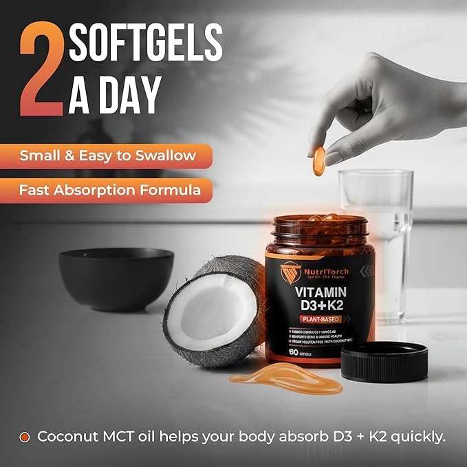 Complément alimentaire végétal Vitamine D3 + K2, 5000 UI D3, 100 mcg K2, 60 gélules, végétalien, sans gluten avec MCT de noix de coco pour la santé des os et du système immunitaire