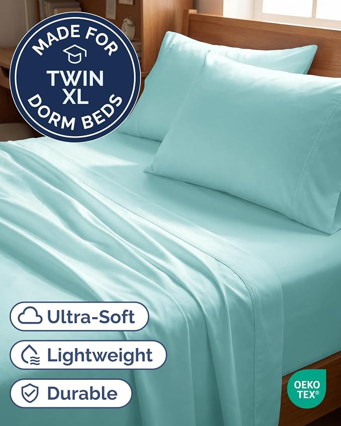 Twin XL 4 Piece Sheet Set - Comfy Breathable & Cooling - Ultra-Soft Hotel Luxury Bedding Set w/ 8-16 Inch Deep Pockets - 1 Flat & 1 Fitted Sheet & 2 Pillowcases - Wrinkle Free & Easy Care - Spa Blue