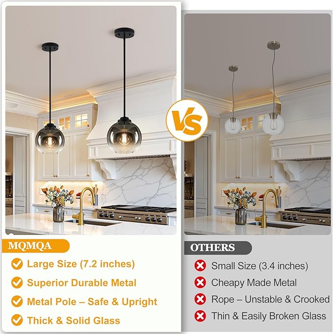 2 Pack 22"-50" Height Adjustable Glass Pendant Lights Kitchen Island, Globe Matte Black Pendant Lights with Grey Glass Shade, Mid Century Pendant Light Fixtures Kitchen Pendant Lighting over Island