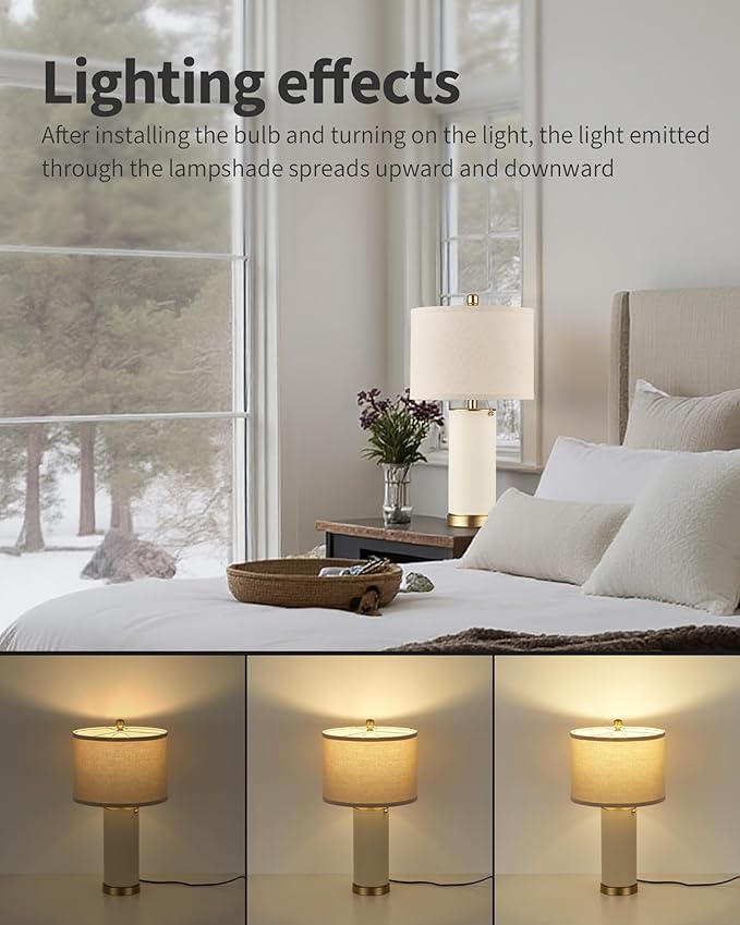 KDG 23.4" White PU Leather Table Lamps for Living Room Set of 2, E26 Socket LED Modern Home Decor Fabric Lampshade Desk Lamp Lighitng for Bedroom, Bedside, Farmhouse, Nightstand, Night Light