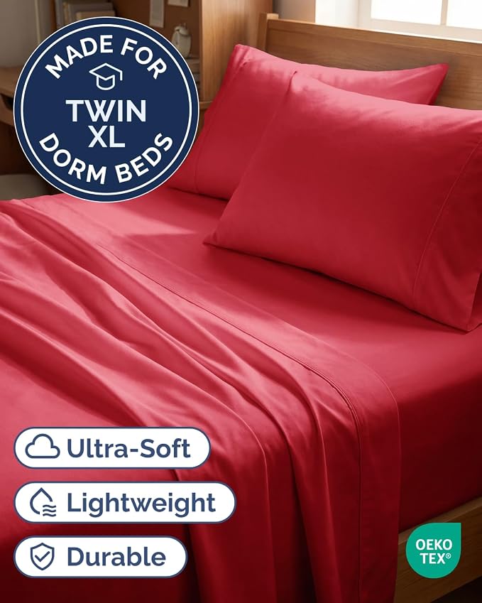 Twin XL 4 Piece Sheet Set - Comfy Breathable & Cooling - Ultra Soft Hotel Luxury Bedding Set w/ 8-16 Inch Deep Pockets - 1 Flat & 1 Fitted Sheet & 2 Pillowcases - Cozy, Wrinkle Free & Easy Care - Red