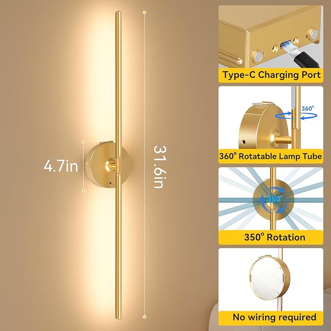 Ouyulong Battery Operated Wall Sconces Set of 2, 8000mAh Wireless Rechargeable 3000-6000K Dimmable 350° Rotate Wall Light with Remote for Living Room, Bedroom 31.6in Gold