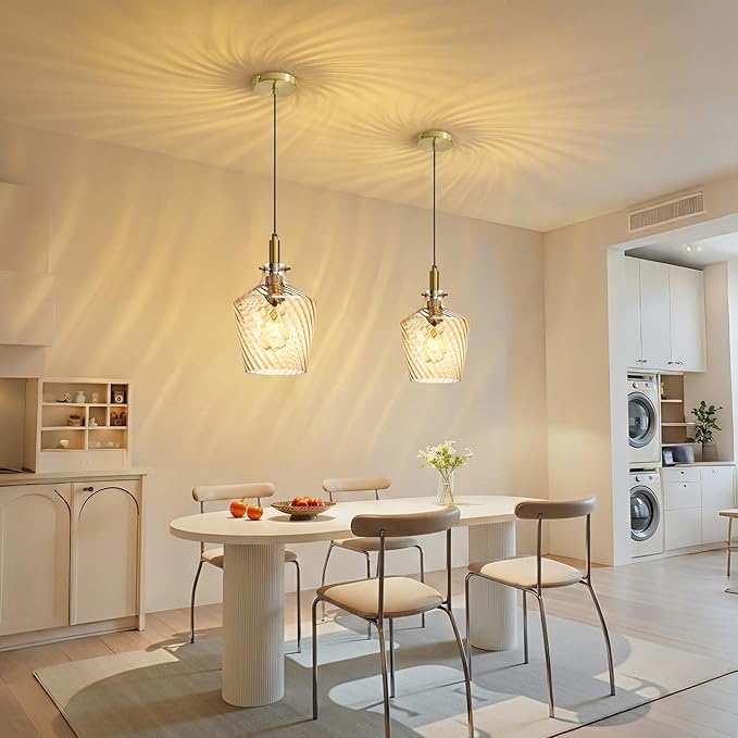 Modern Amber Glass Pendant Light for Kitchen Island 1 Pack, Farmhouse Gold Pendant Light Fixtures Adjustable Hanging Ceiling Light Angled Striped Amber Glass Shades 8 Inch