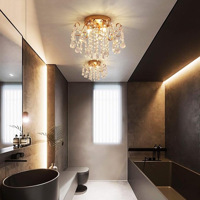 Q&S Small Chandelier,Modern Gold Mini Crystal Chandelier Ceiling Light Fixture for Bedroom,Hallway,Entryway E12 3-Light.
