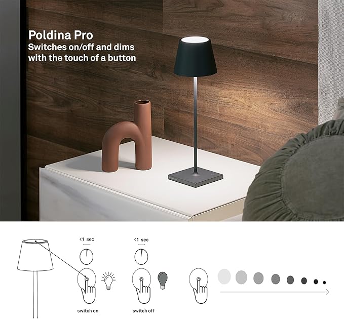 Zafferano, Poldina Pro Lamp, Rechargeable Cordless Table Lamp with Touch Controls, Suitable for Indoor and Outdoor, Dimmer, 2200-3000 K, Height 14.9 Inches, Steel Blue Color