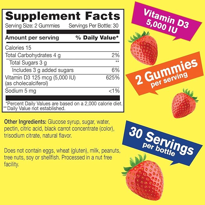 WellYeah Vitamin D3 5000 IU (125 mcg) Extra Strenght Gummies -for Bone Health, Immune Booster, Bone and Teeth Support -Non GMO, Gluten Free, Nut Free, Vegetarian -Strawberry Flavor -60 Gummies