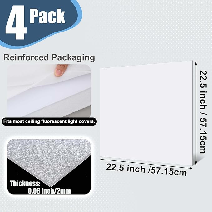Pushglossy 4 Pack 22.5" x 22.5" x 0.08" Frosted Fluorescent Light Diffuser Panels, Translucent Polystyrene Sheet Replacement for 2x2ft Drop Ceiling Lights for Classroom Office Home