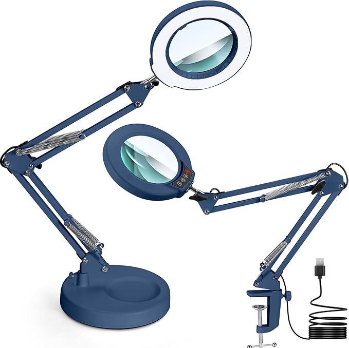 12X Magnifying Glass with Light and Stand, Upgrade Button 5 Color Modes Stepless Dimmable, 2-in-1 LED Lighted Magnifier Light, Hands Free Desk Lamp with Clamp for Craft Hobby Close Work - Blue