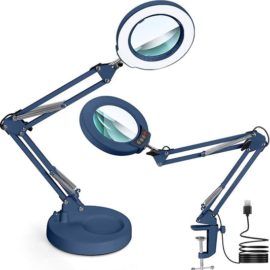 12X Magnifying Glass with Light and Stand, Upgrade Button 5 Color Modes Stepless Dimmable, 2-in-1 LED Lighted Magnifier Light, Hands Free Desk Lamp with Clamp for Craft Hobby Close Work - Blue