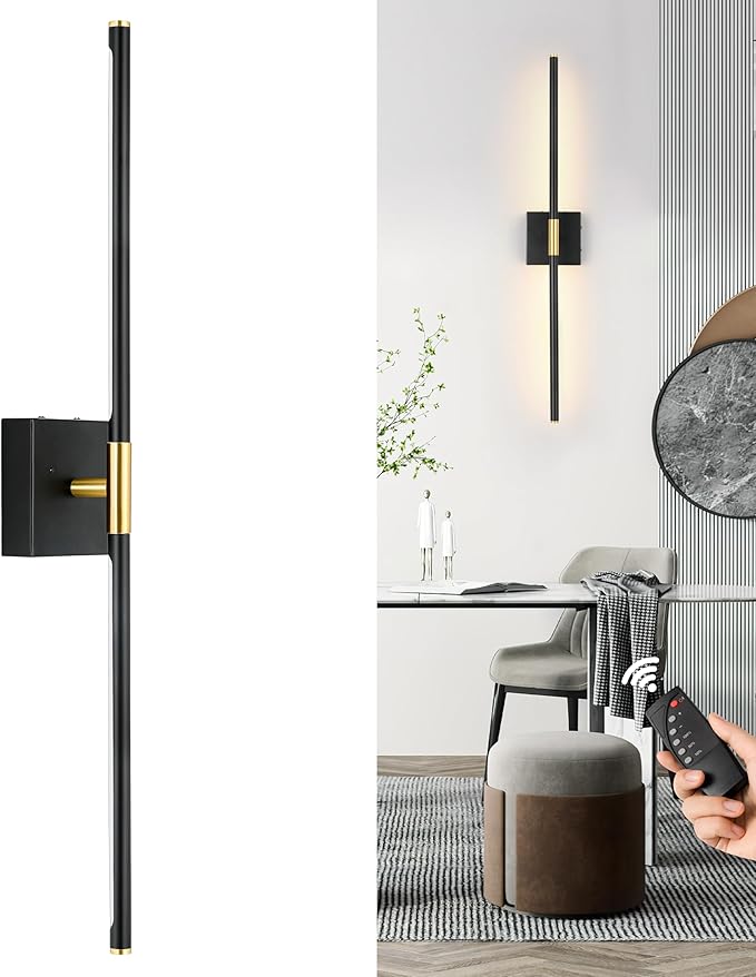 Morauroral Battery Operated Wall Sconce Single, Black Gold Rechargeable Wall Sconce with Remote, Dimmable Sconce Wall Light, 24 Inch LED Wireless Wall Light for Background Wall, Bedroom,Living Room