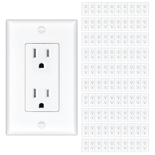 Amico Wall Outlet, UL Listed, Tamper Resistant Standard Electrical Outlet, Decorator Receptacle, Suitable for Home and Business, 125V/1875W, White, 15 Amp - Screw Wall Plate, 100 Pack