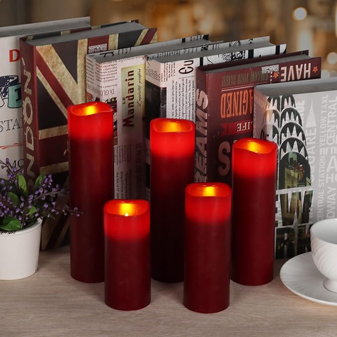 antizer Flameless Candles Led Candles Pack of 9 (H 4" 5" 6" 7" 8" 9" x D 2.2") Burgundy Real Wax Battery Candles with Remote Timer