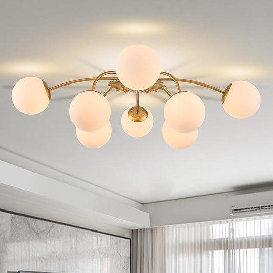 8-Light Milk Glass Pendant Light, 33" Sputnik Bubble Glass Chandelier Light Fixture, Hand Blown Semi Flush Mount Ceiling Chandeliers Lighting for Dining Room, Living Room (Gold, 8-Light Ceiling)