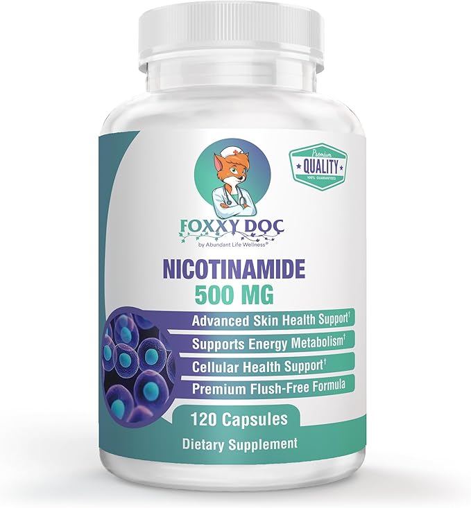 Nicotinamide 500 mg - Vitamine B3 – Énergie ; Santé Cellulaire & Cutanée. Excellent Rapport Qualité-Prix - Sans Rougeurs - 120 Gélules Végétales par Foxxy Doc