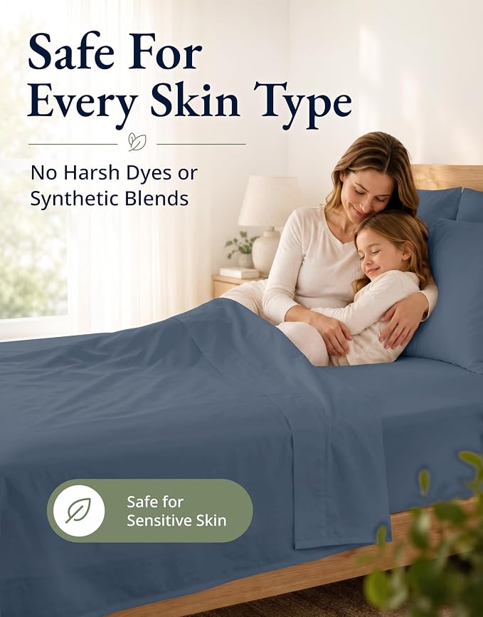 LANE LINEN 100% Organic Queen Size Fitted Sheet(+Pillowcases), Soft & Comfy Fully Elasticized Naturaly Temperature Regulating for Hot Sleepers Deep Pocket Fits Mattress Upto 15"- Estate Blue