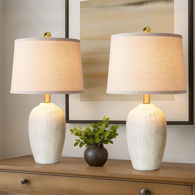 AIEAMPDO 21'' Set of 2 Rustic Ceramic Small Table Lamps for Living Room Bedroom, Farmhouse Vintage Nightstand Lamps for Office Entryway End Table, 2 Bulbs Included