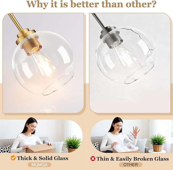 1 Pack 22"-50" Height Adjustable Glass Pendant Lights Kitchen Island, Globe Brushed Gold Pendant Lights with Clear Glass Shade, Mid Century Pendant Light Fixtures Kitchen Pendant Lighting over Island