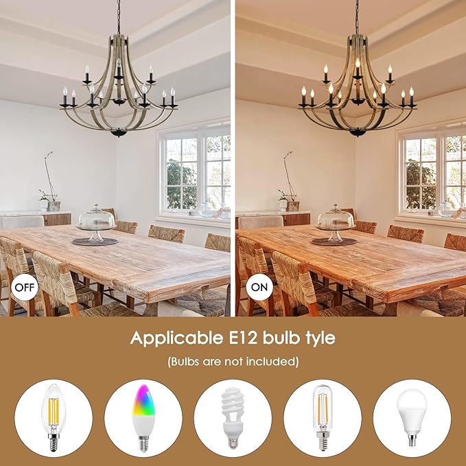LAMPKEDUO Farmhouse Chandeliers for Dining Room Light Fixture, 2 Tier 12-Light 41" Adjustable Height Retro Faux Wood Texture Rustic Light Fixtures for Living Room Bedroom Kitchen Island Foyer Entryway