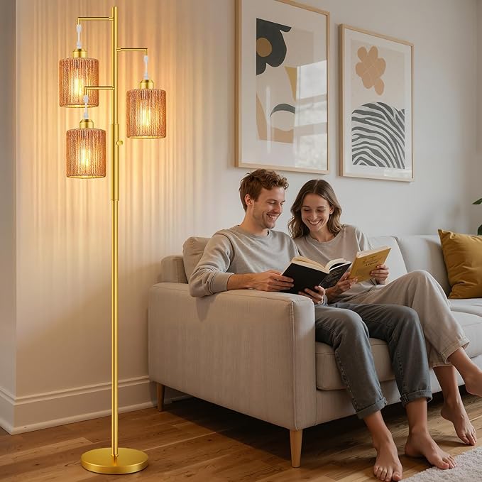 Hotsonic 72" Tall Boho Rattan Style Floor Lamp with Hand-Woven Paper Cord Shade, Dimmable Industrial Tree Standing Lamp for Living Room, Bedroom, Study Room, Office (3 x 800LM Bulbs Included) - Gold