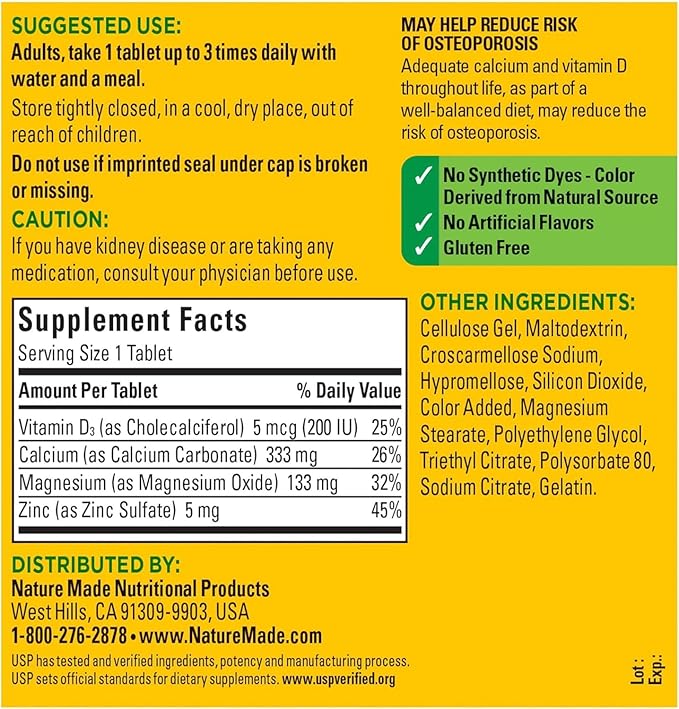 Nature Made Calcium, Magnesium & Zinc w. Vitamin D Tablets Value Size 300 Ct (3 Pack of 300)（Packaging may vary）