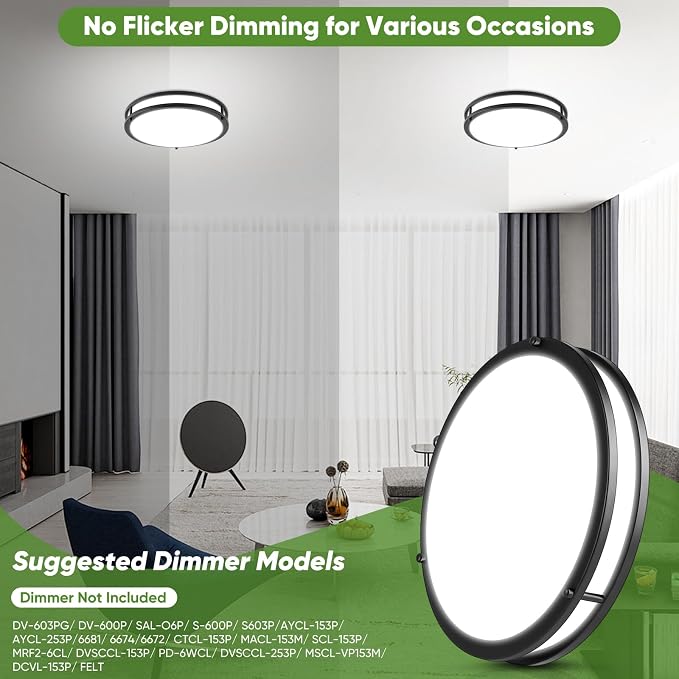 2-Pack 12 Inch Flush Mount Light Fixtures, 36W 3600lm Super Bright LED Ceiling Lights for Kitchen, Dimmable LED Lights 2700K-6500K 5 Color Temperatures, Modern Black Lighting for Bedroom Bathroom
