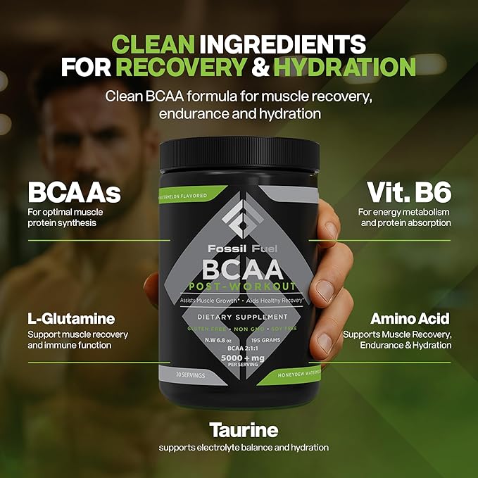 Fossil Fuel Sugar-Free BCAA Powder – Post-Workout Muscle Recovery with BCAAs, Glutamine, Vitamin B6, Amino Acids, Endurance & Hydration, Honeydew Watermelon (30 Servings)
