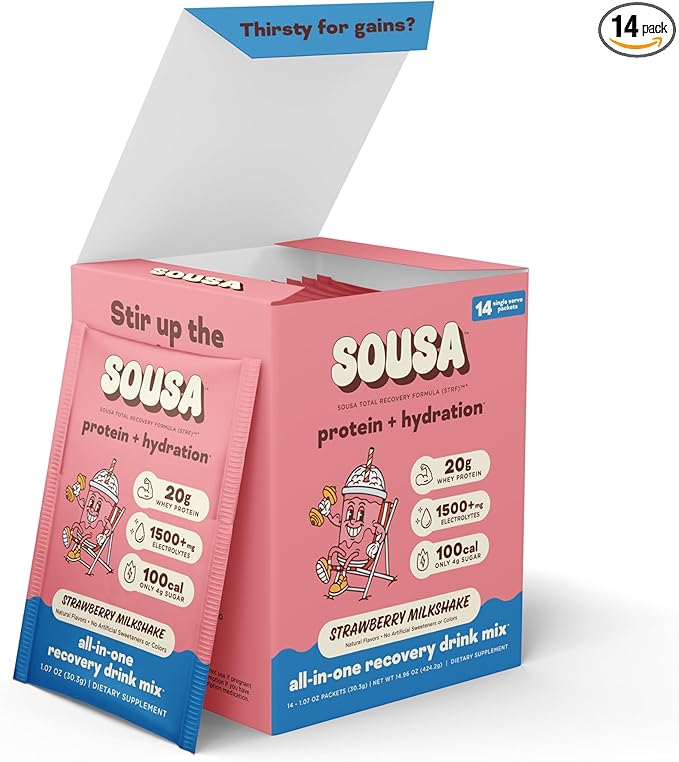 Sousa Protein + Hydration Total Recovery Formula, 20g Protein, 1500mg Electrolytes, Vitamins C, B3, B6, B12, 14 Servings (Strawberry Milkshake)