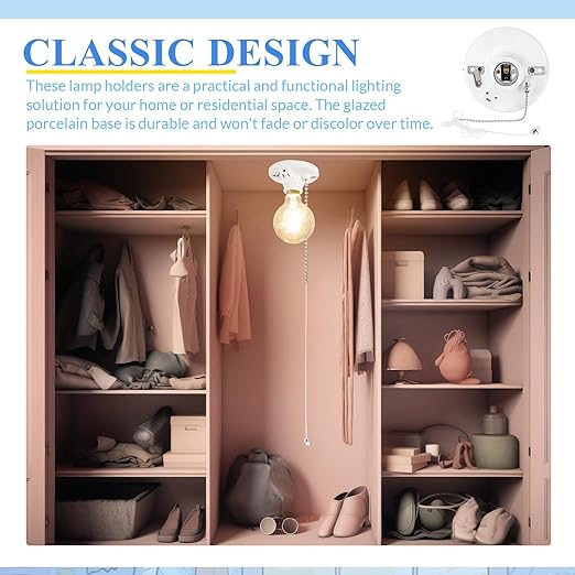 6 Pack Porcelain Light Socket with Outlet and Pull Chain Light Fixture, Bulb Socket with Grounded Outlet, E27/e26 Base, Porcelain Box Mount for Indoor Garage Closet Lighting