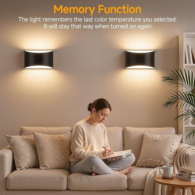 MATAMEYE Modern LED Wall Sconce Set of 2, Large Matte Black Indoor Wall Lighting Fixture with 3 Colors Temperatures, 10W Up/Down Hardwired Wall Mount Lamp for Bedroom Living Room
