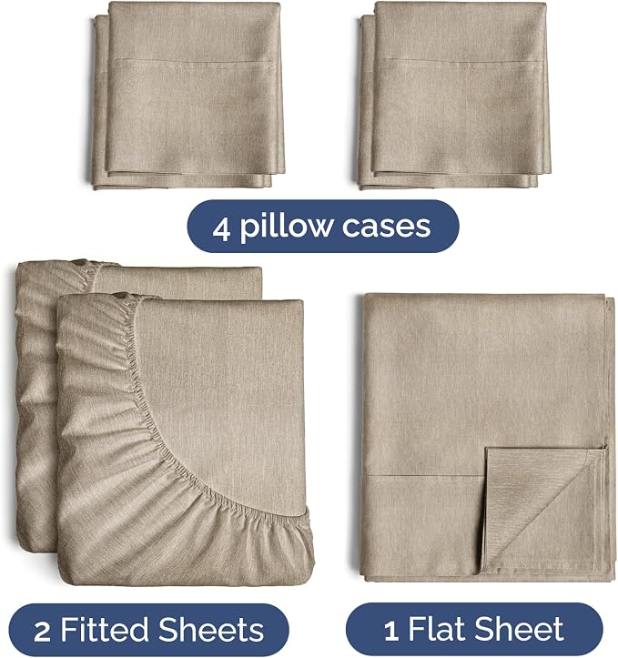 Split King 7 Piece Sheet Set - Comfy Breathable & Cooling - Soft Hotel Luxury Bedding Set w/ 8-16 Inch Deep Pockets - 1 Flat & 2 Fitted Sheet & 4 Pillowcases - Cozy & Wrinkle Free - Heathered Beige
