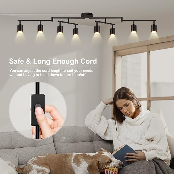 Plug in Track Lighting LED, Track Lighting Fixtures Ceiling, Black 8-Light Kitchen Light Kit, Plug in Wall Light with 14.8ft Power Cord, Rotatable Ceiling Spotlight for Bedroom(GU10 Socket, NO Bulb)
