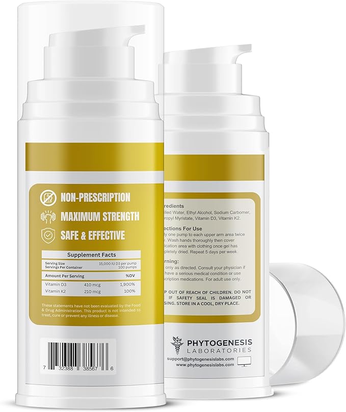 Vitamine D3 K2 Gel Topique Ultra-Puissant - Plus de 15000 UI par Pression - La Vitamine du Soleil - Soutient la Santé des Os et des Articulations, le Soutien Immunitaire - Approvisionnement d'un Mois