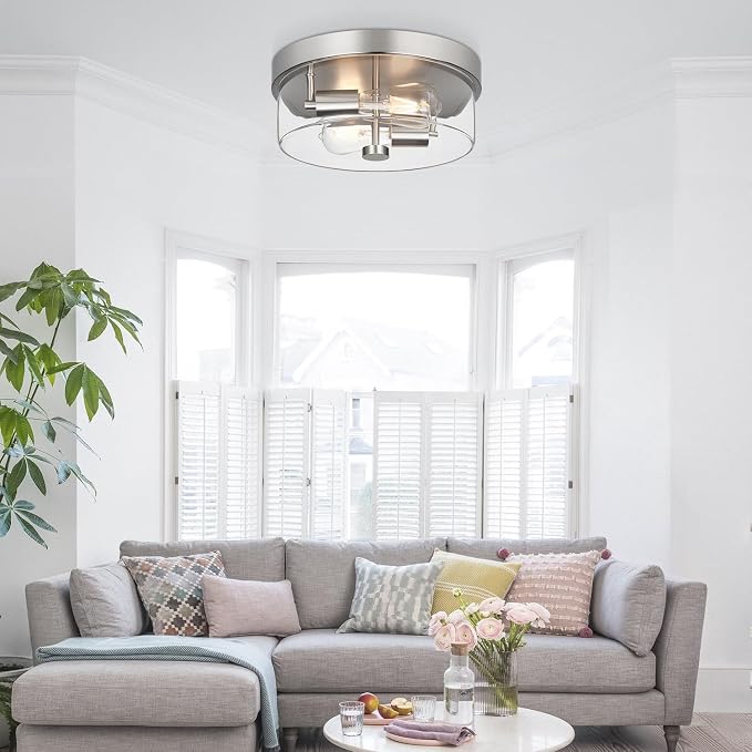 szzgco Flush Mount Ceiling Light Fixtures, 2-Light 12 Inch Brushed Nickel Close to Ceiling Light Fixtures with Clear Glass Shade Ceiling Light Fixture for Porch, Hallway, Bathroom, Dining Room and