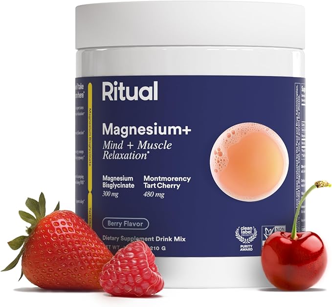 Ritual Magnesium+ Complément alimentaire en poudre | Cerise acidulée et bisglycinate de magnésium doux pour l'estomac, 2-en-1, fondé sur la science | Conçu pour la relaxation mentale et musculaire | Favorise le sommeil et le calme | 30 portions