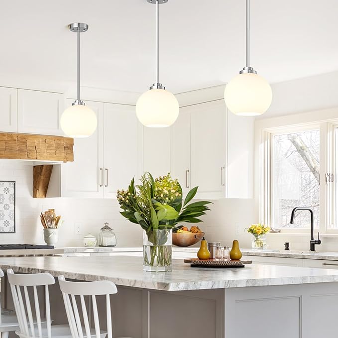 2 Pack 22"-50" Height Adjustable Glass Pendant Lights Kitchen Island, Globe Brushed Nickel Pendant Lights with Milk Glass Shade, Mid Century Pendant Light Fixtures Kitchen Pendant Lighting over Island