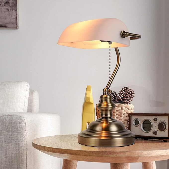 Glass Bankers Desk Lamp with Pull Chain Switch Plug in Fixture,Satin Brass Finish (White)