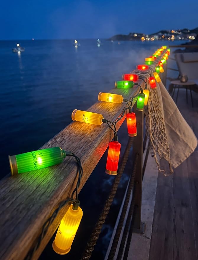 Multicolor Shotgun Shell String Lights Plug in, 8.5Ft Outdoor Christmas Decorations Lights with 10 LED 3D Bullets Lights, Hanging Novelty Bullets Shell Light for Outdoor Patio Garden Backyard Party