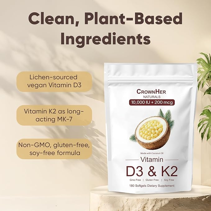 Crown Her Naturals D3 K2, Real Good Essentials Vitamin d3 k2 10000 IU+ K2 200 mcg MK-7, Coconut Oil, Extra Strength, Bone & Immune Support, 180 Softgels