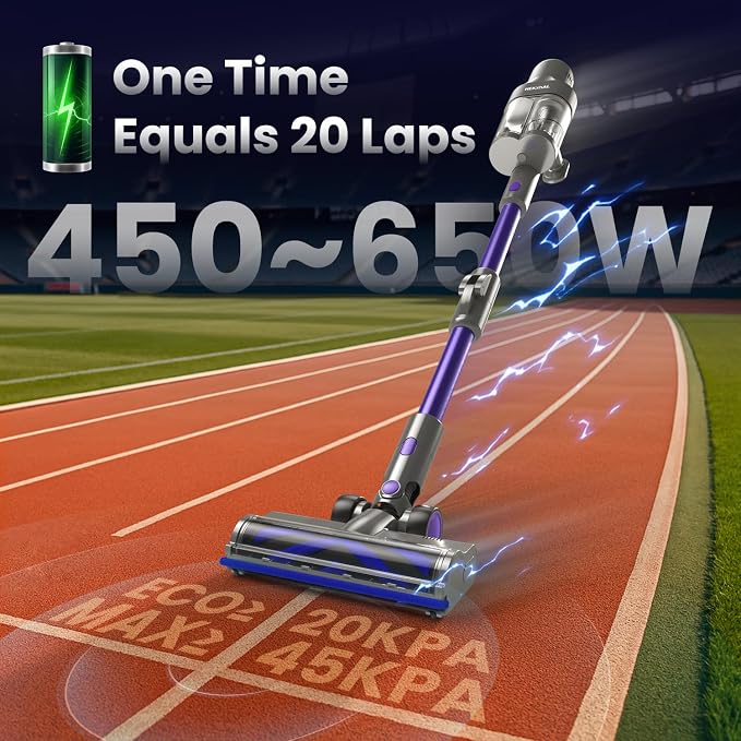 Cordless Vacuum Cleaner JQ02,450W 45KPA Full-Size Stick Cleaner with 800ML Dual-Layer Cyclone Dust Cup,HEPAFiltration,Lightweight&Low Noise for HardFloor,Pet,Carpets，Purple
