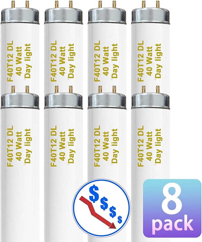 amgolibi 8-Pack 48 Inch F40T12/DL 40W 6500K Daylight Fluorescent Light Bulbs, 4ft T12 Linear Tube Lights, 2650 Lumens, G13 Bi-Pin Base, Daylight, for Workshop, Garage, Office