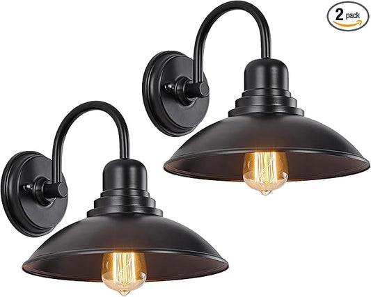 GOLDHILL Textured Black Gooseneck Barn Light 2 Pack, Farmhouse Bathroom Vanity Sconce with E26 Base, Powder Coated Metal Exterior Wall Sconce for Garage Porch and Mirror Side