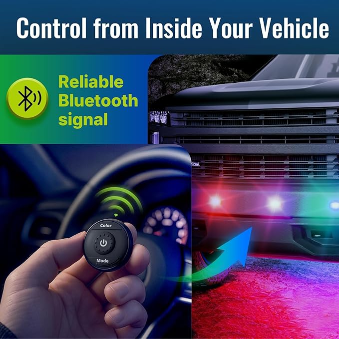 Wireless LED Lights for Car 4PCS- Button and Remote Control Interior Ambient Strobe Light, USB-C 120H 8 Colors IP65 Waterproof Rechargeable Underglow Light for Cars, Trucks, eBike, Motorcycle