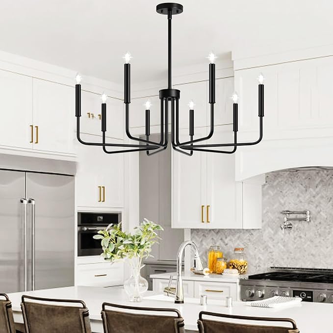 Lynnoland Black 8-Light Chandelier, Farmhouse Chandelier for Dining Room Lighting Fixtures Hanging, Vintage Candle Pendant Light Fixtures Chandelier for Bedroom, Foyer and Living Room