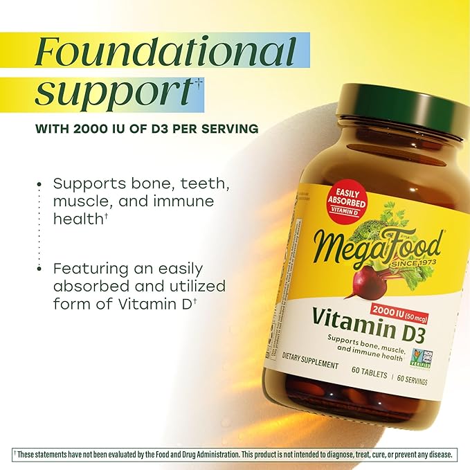 MegaFood Vitamine D3 2000 UI (50 µg) - Supplément de vitamine D à base d'aliments réels, Soutient le système immunitaire, les os, les dents et les muscles, Végétarien, Certifié sans OGM, Casher – 90 comprimés, 90 portions