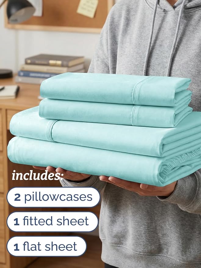 Twin XL 4 Piece Sheet Set - Comfy Breathable & Cooling - Ultra-Soft Hotel Luxury Bedding Set w/ 8-16 Inch Deep Pockets - 1 Flat & 1 Fitted Sheet & 2 Pillowcases - Wrinkle Free & Easy Care - Spa Blue