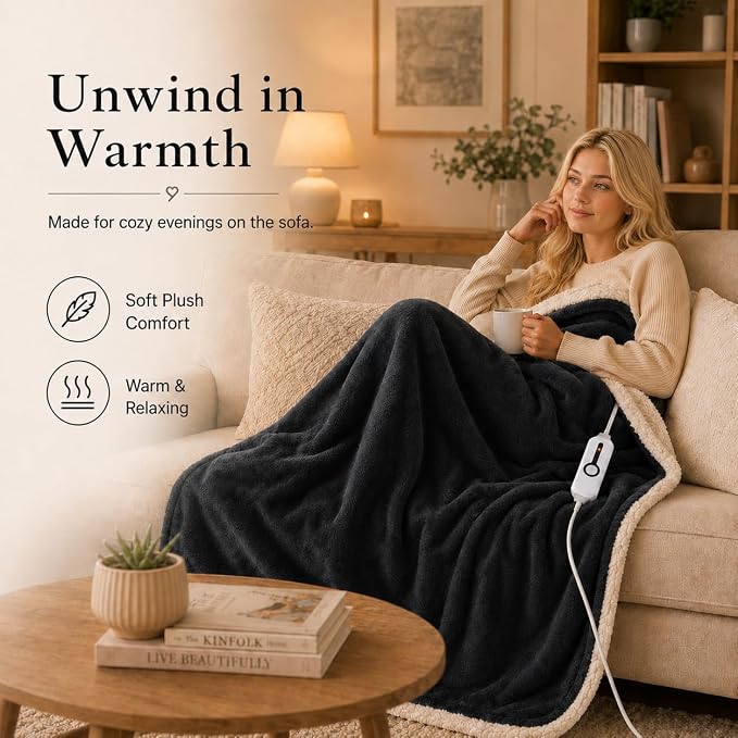 Electric Heated Blanket Full Size 72"x84" – ETL Certified for Safe Overnight, 4 Heat Settings & 10H Auto Off, Dual-Sided Microplush Sherpa for Home Theater Night, Machine Washable – Iron Gray