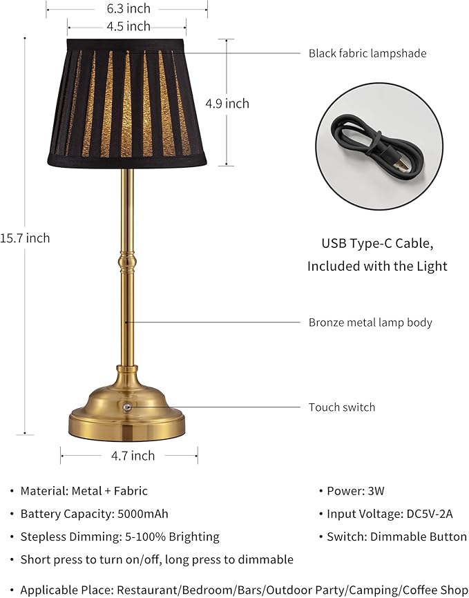 KDG Cordless LED Table Lamp Set of 2, Portables Fabric Shade Desk Lamps, 5000mAh Rechargeable Battery Powered Lighting, Dimmable Light for Dining Room, Bedroom, Bedside,Night Light, Balcony (Black)